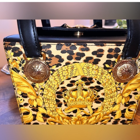 Versace Handbags - VERSACE Sunburst vanity bag Leopard Hand Bag PVC/Leather yellow/Black with COA